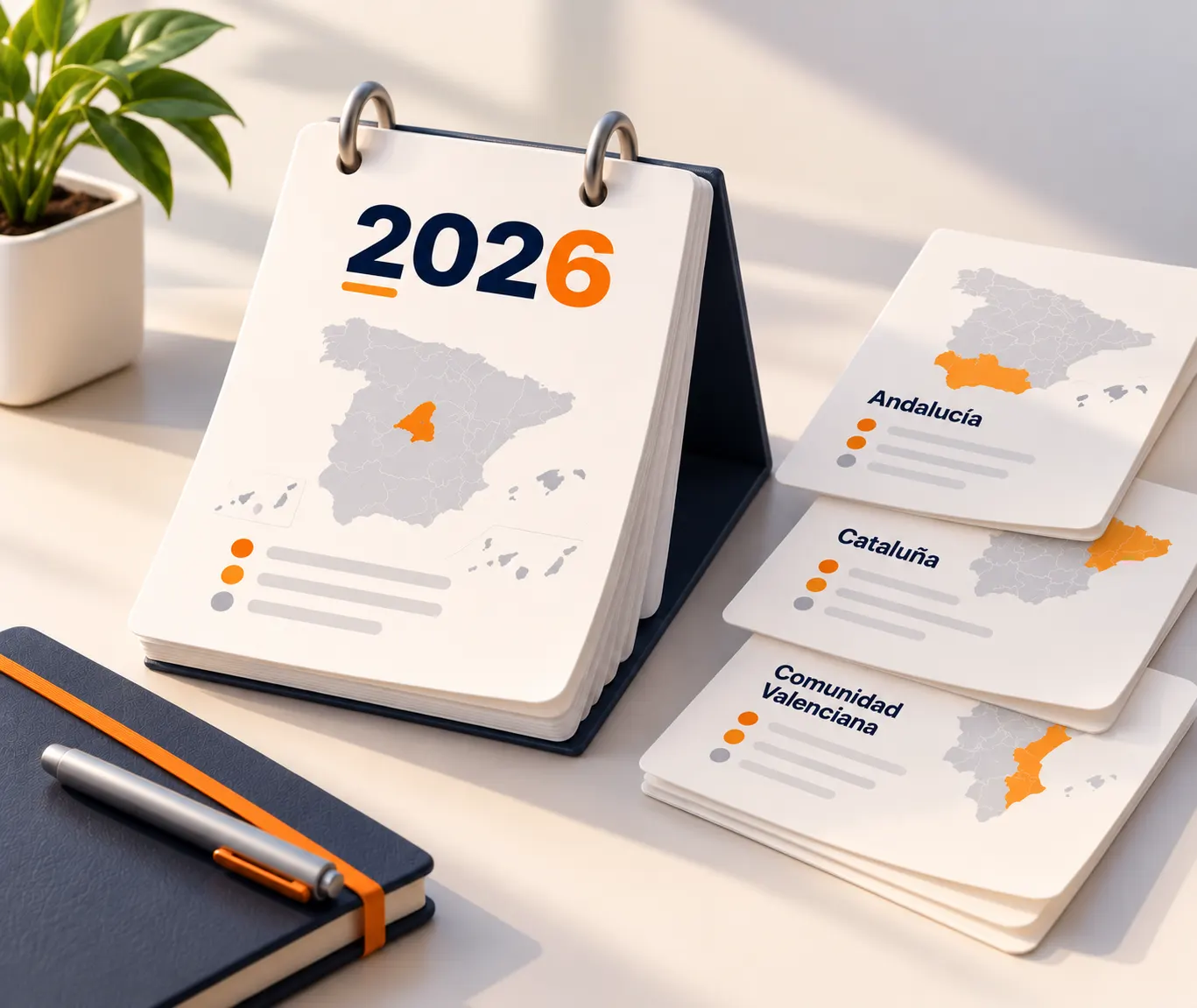 Calendari de sobretaula del 2026 amb el mapa d’Espanya i Madrid ressaltat, al costat de fitxes d’Andalusia, Catalunya i la Comunitat Valenciana