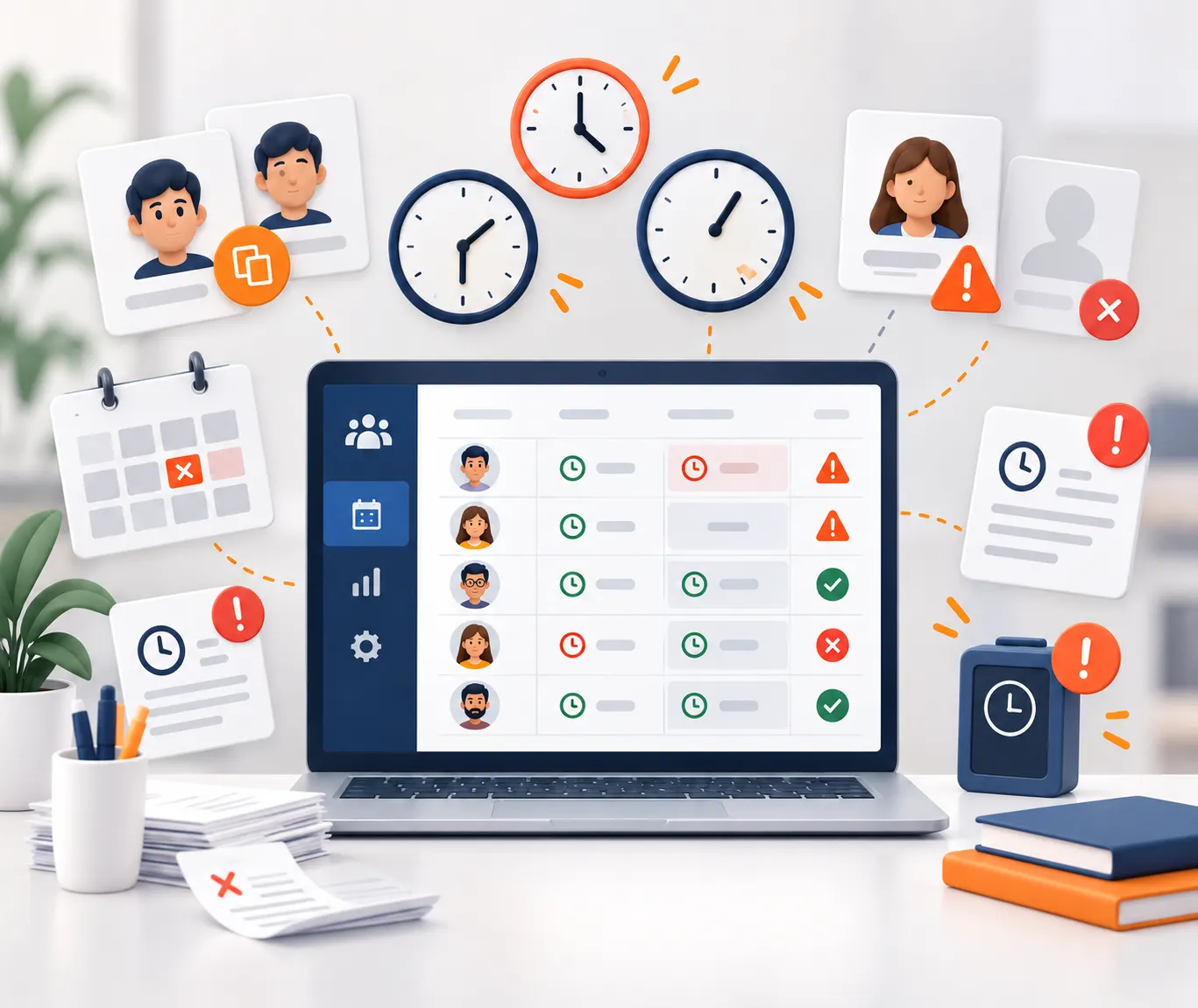 Panel de control horario con fichajes marcados como correctos, con aviso y rechazados junto a relojes y fichas de empleados