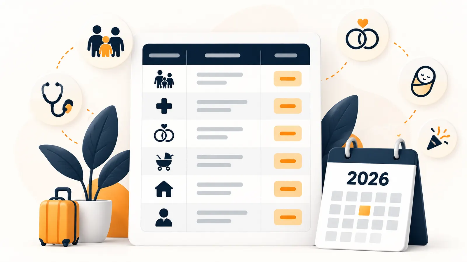 2026 paid leave table with icons for marriage, hospitalisation, birth and moving house beside a calendar